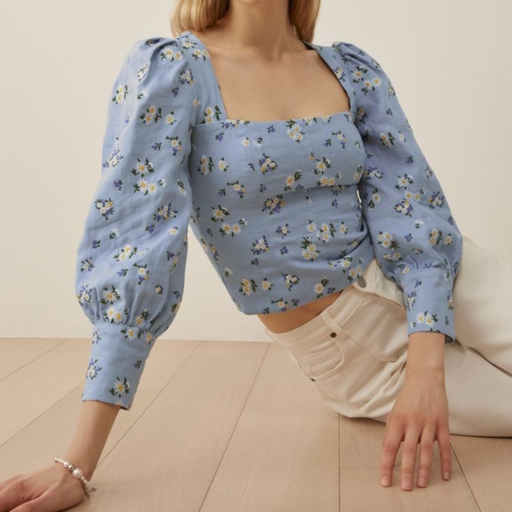 Reformation Stilton Linen Top in Mineral Daisy Embroidery
